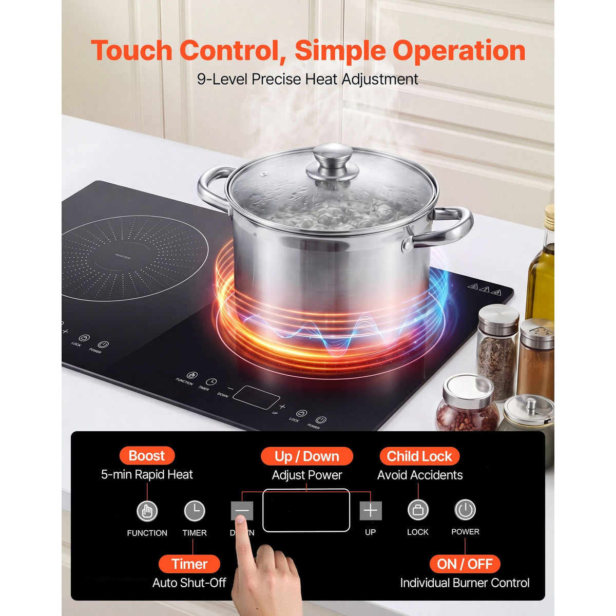 Induction Cooktop 24inch 2 Burners Built-in Electric Stove 110V 1800W, Countertop Induction Burner, with 9 Power Levels, LED Touch Screen, Ceramic Glass Surface, Child Lock, for Kitchen, RV