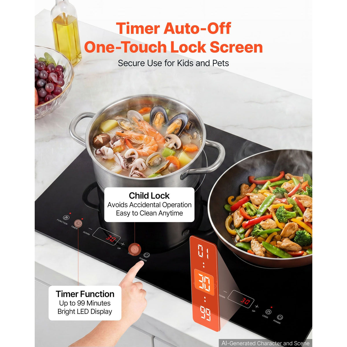 Induction Cooktop 24inch 2 Burners Built-in Electric Stove 110V 1800W, Countertop Induction Burner, with 9 Power Levels, LED Touch Screen, Ceramic Glass Surface, Child Lock, for Kitchen, RV