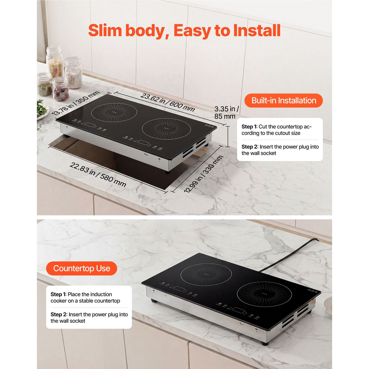 Induction Cooktop 24inch 2 Burners Built-in Electric Stove 110V 1800W, Countertop Induction Burner, with 9 Power Levels, LED Touch Screen, Ceramic Glass Surface, Child Lock, for Kitchen, RV