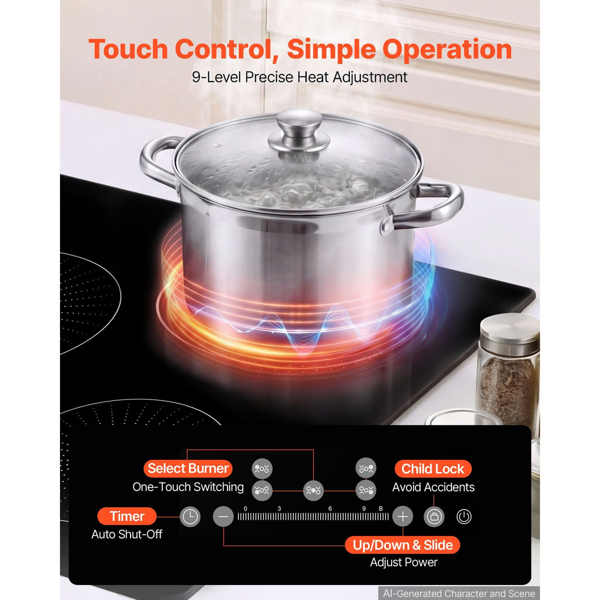 Induction Cooktop 30inch 5 Burners Built-in Electric Stove 220V 9200W, Induction Burner for Kitchen, with 9 Power Levels, LED Touch Screen, Ceramic Glass Surface, Child Lock