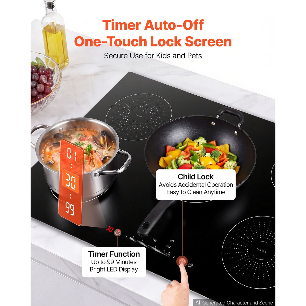 Induction Cooktop 30inch 5 Burners Built-in Electric Stove 220V 9200W, Induction Burner for Kitchen, with 9 Power Levels, LED Touch Screen, Ceramic Glass Surface, Child Lock