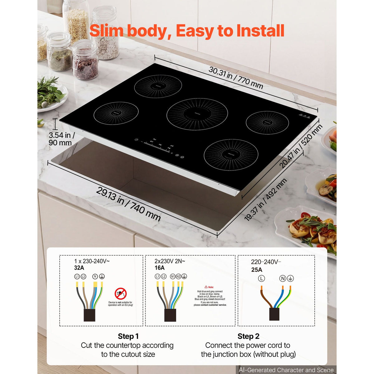 Induction Cooktop 30inch 5 Burners Built-in Electric Stove 220V 9200W, Induction Burner for Kitchen, with 9 Power Levels, LED Touch Screen, Ceramic Glass Surface, Child Lock