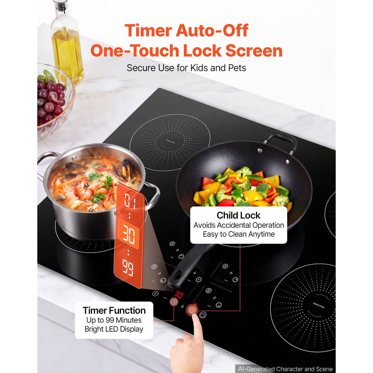 Induction Cooktop 30inch 5 Burners Built-in Electric Stove 220V 9200W, Induction Burner for Kitchen, with 9 Power Levels, LED Touch Screen, Ceramic Glass Surface, Child Lock