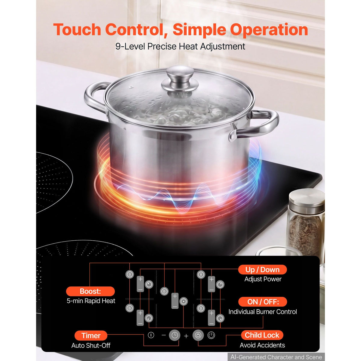 Induction Cooktop 30inch 5 Burners Built-in Electric Stove 220V 9200W, Induction Burner for Kitchen, with 9 Power Levels, LED Touch Screen, Ceramic Glass Surface, Child Lock