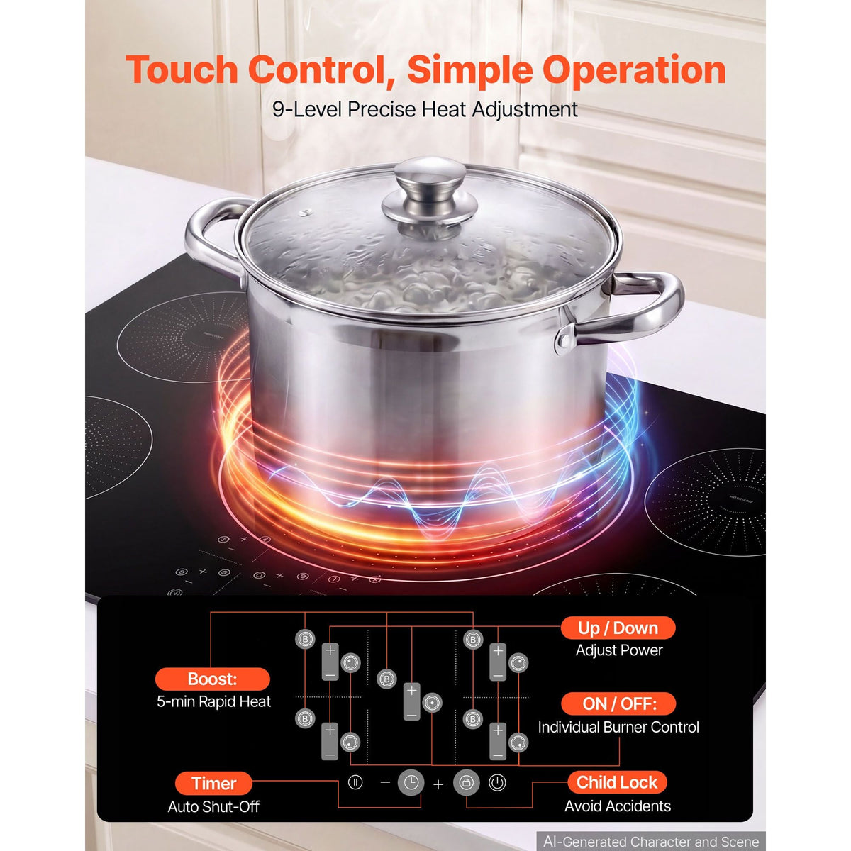 Induction Cooktop 36inch 5 Burners Built-in Electric Stove 220V 9200W, Induction Burner for Kitchen, with 9 Power Levels, LED Touch Screen, Ceramic Glass Surface, Child Lock