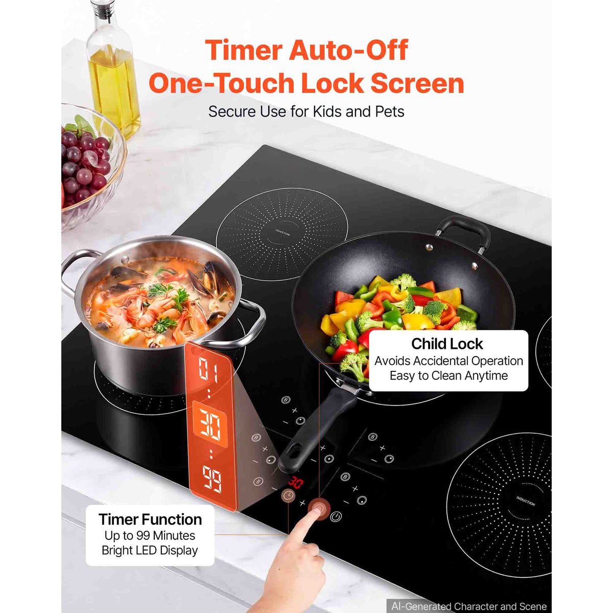 Induction Cooktop 36inch 5 Burners Built-in Electric Stove 220V 9200W, Induction Burner for Kitchen, with 9 Power Levels, LED Touch Screen, Ceramic Glass Surface, Child Lock