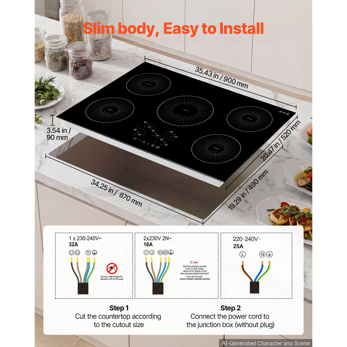 Induction Cooktop 36inch 5 Burners Built-in Electric Stove 220V 9200W, Induction Burner for Kitchen, with 9 Power Levels, LED Touch Screen, Ceramic Glass Surface, Child Lock