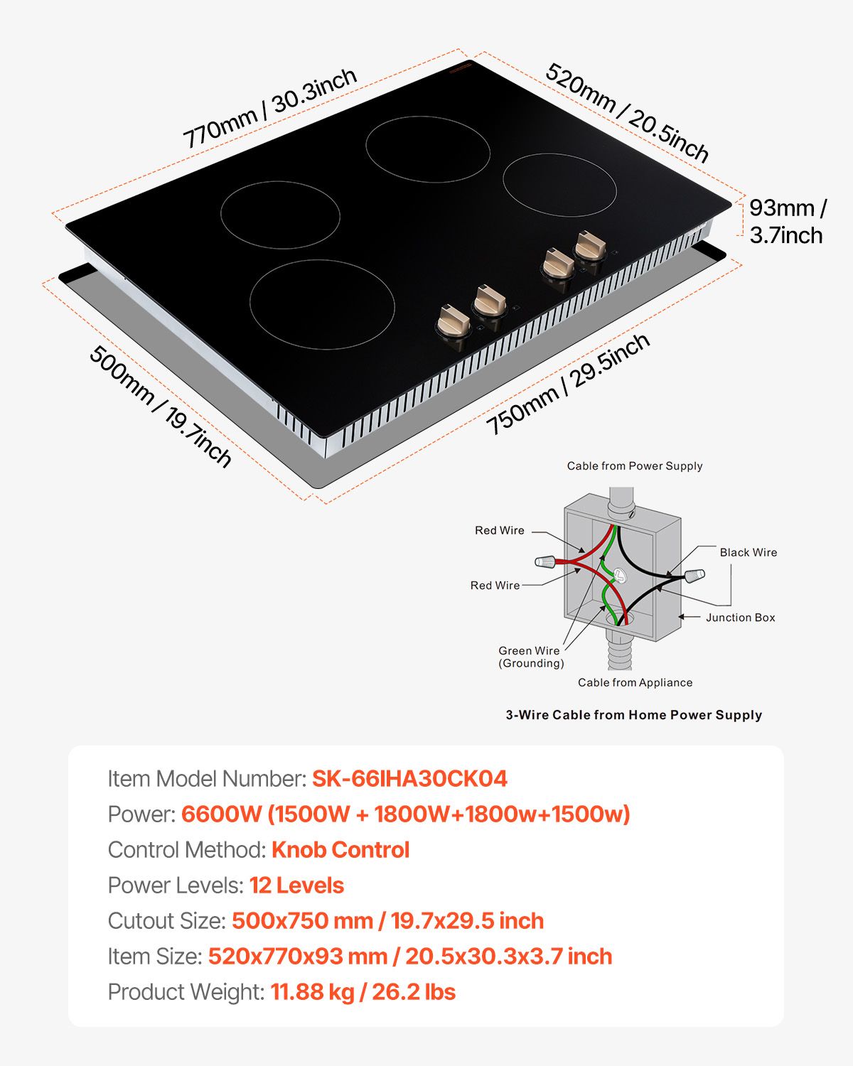 Induction Cooktop, 6600W Electric Countertop Burner, 4 Burner Knob Control Stove, Built-in Induction Cooktop with 12 Temperature Settings, Glass Surface, Auto Shut-Off