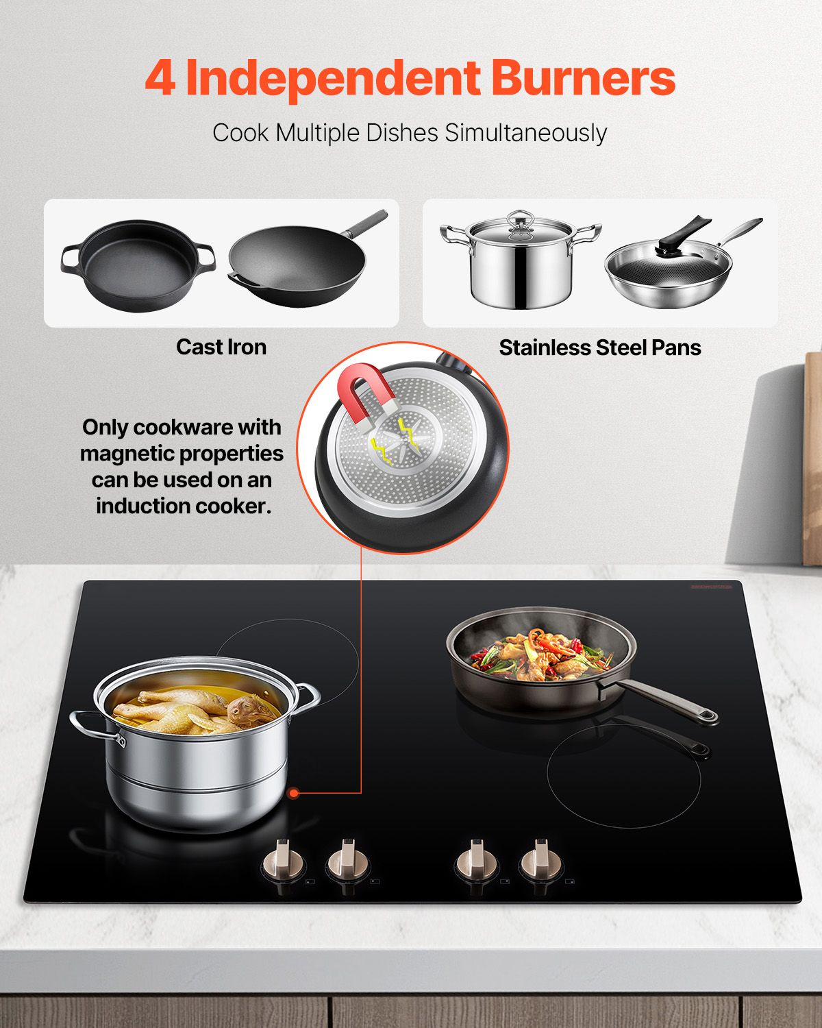 Induction Cooktop, 6600W Electric Countertop Burner, 4 Burner Knob Control Stove, Built-in Induction Cooktop with 12 Temperature Settings, Glass Surface, Auto Shut-Off
