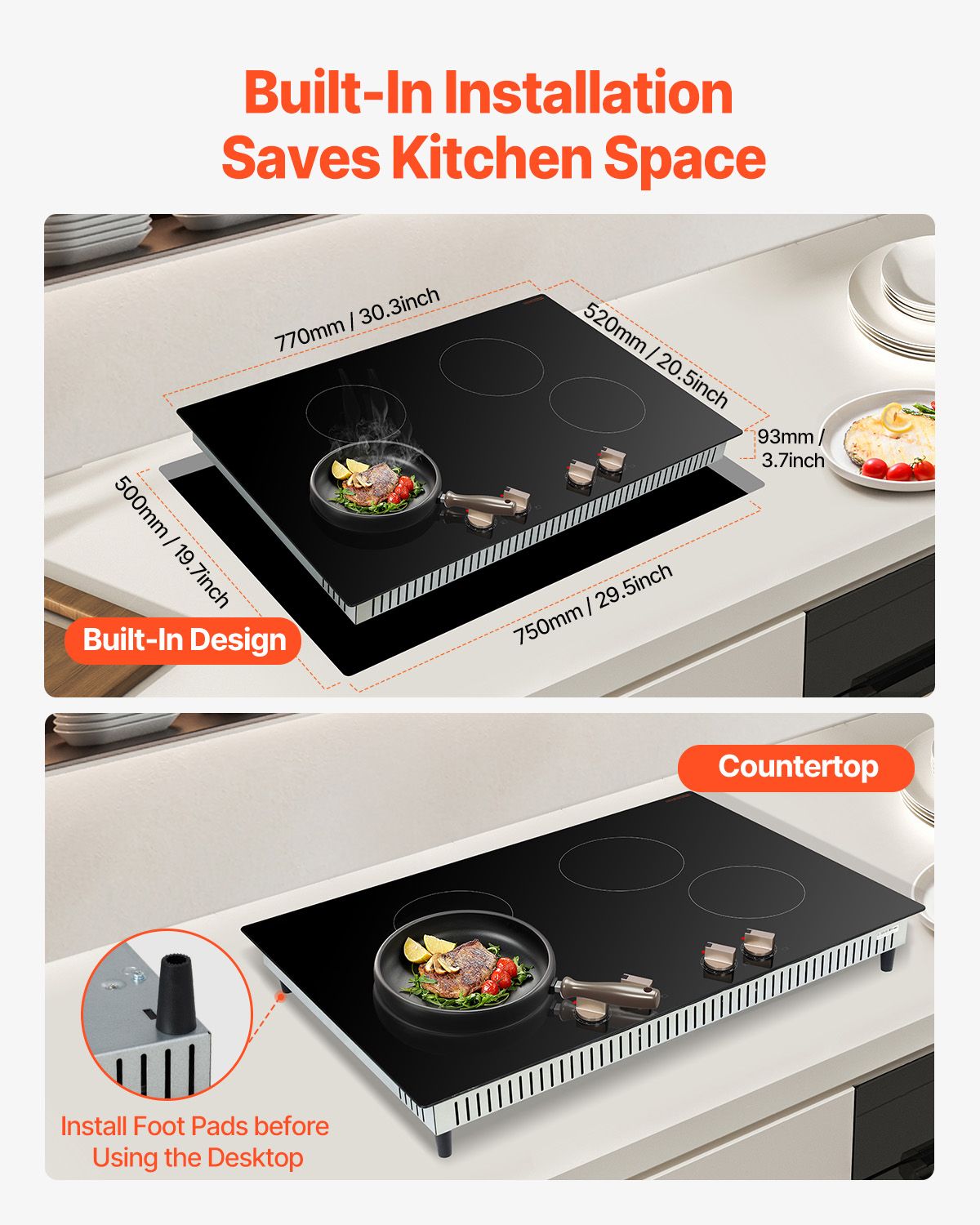 Induction Cooktop, 6600W Electric Countertop Burner, 4 Burner Knob Control Stove, Built-in Induction Cooktop with 12 Temperature Settings, Glass Surface, Auto Shut-Off