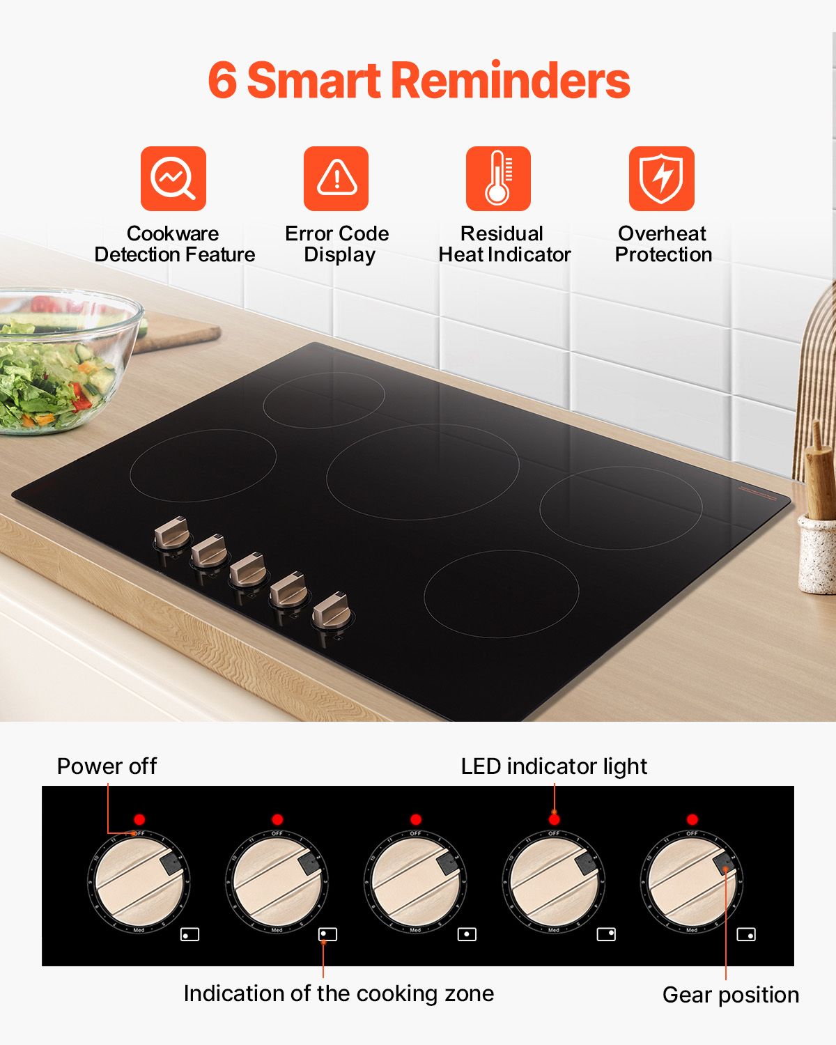 Induction Cooktop, 9200W Electric Countertop Burner, 5 Burner Knob Control Stove, Built-in Induction Cooktop with 12 Temperature Settings, Glass Surface, Auto Shut-Off