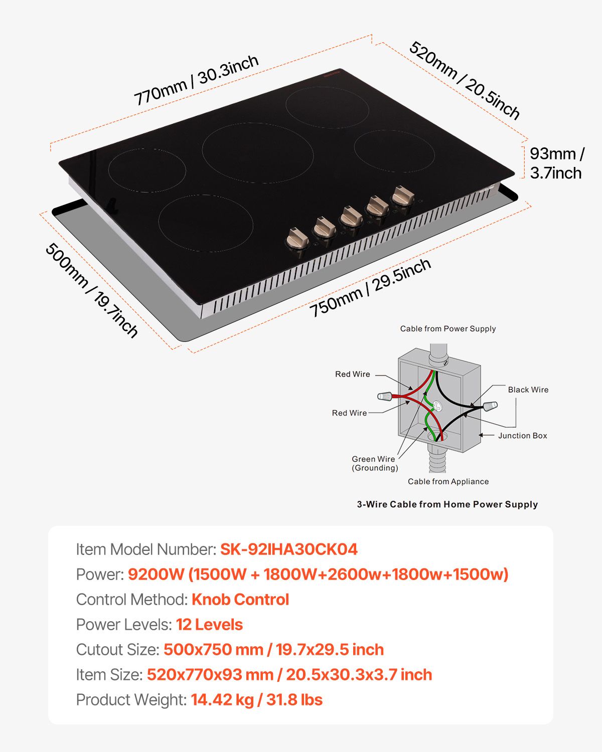 Induction Cooktop, 9200W Electric Countertop Burner, 5 Burner Knob Control Stove, Built-in Induction Cooktop with 12 Temperature Settings, Glass Surface, Auto Shut-Off