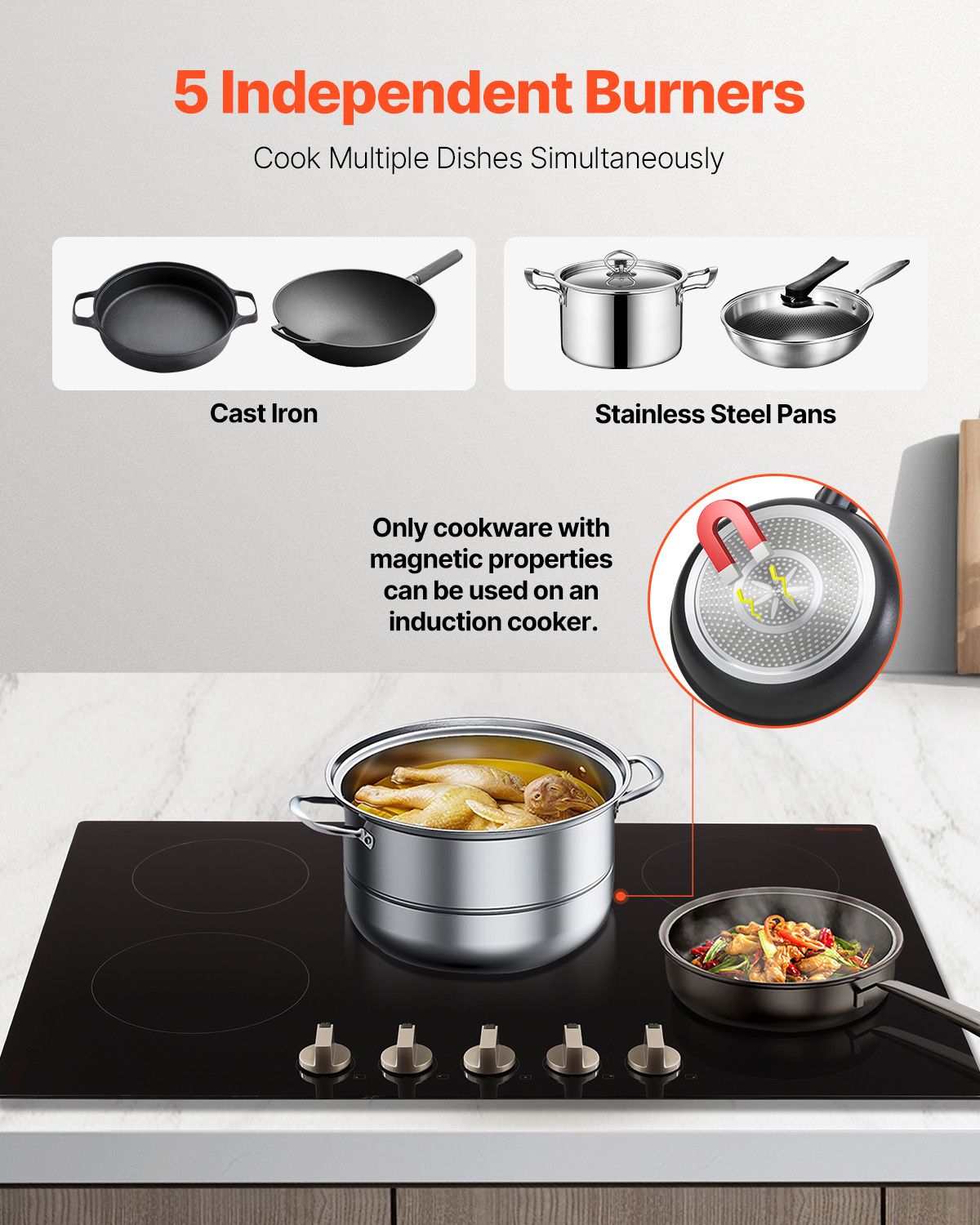 Induction Cooktop, 9200W Electric Countertop Burner, 5 Burner Knob Control Stove, Built-in Induction Cooktop with 12 Temperature Settings, Glass Surface, Auto Shut-Off