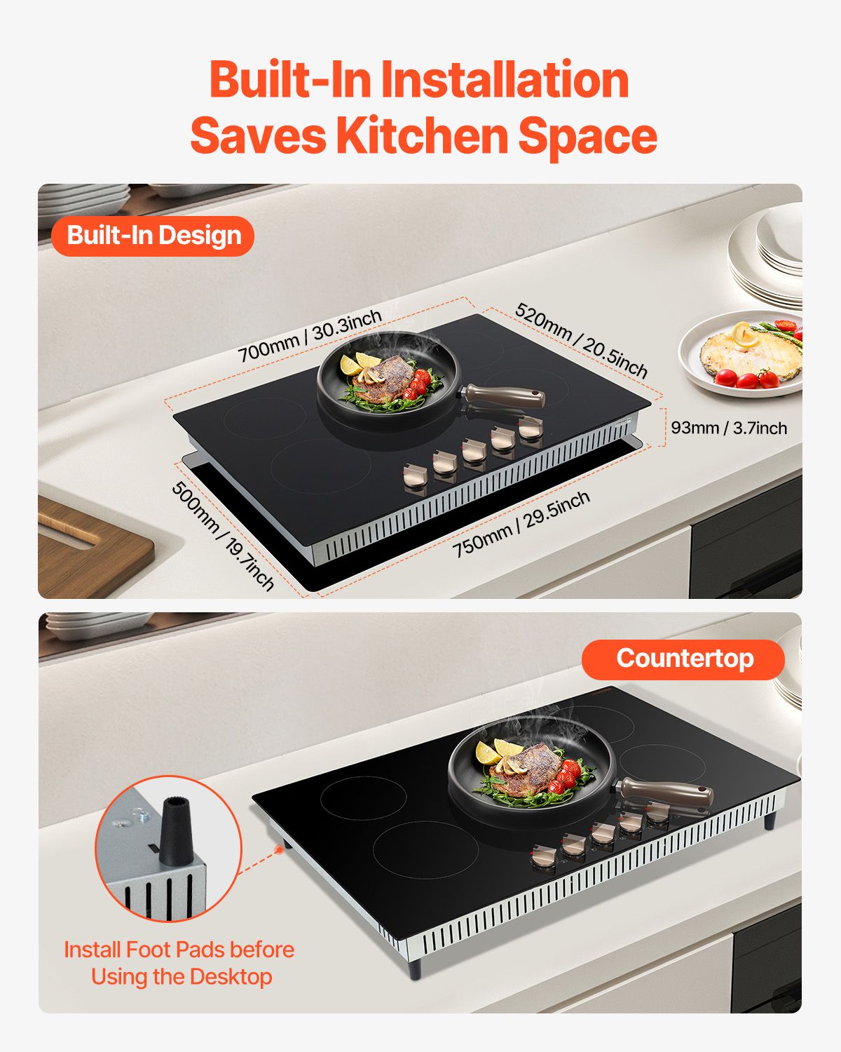 Induction Cooktop, 9200W Electric Countertop Burner, 5 Burner Knob Control Stove, Built-in Induction Cooktop with 12 Temperature Settings, Glass Surface, Auto Shut-Off