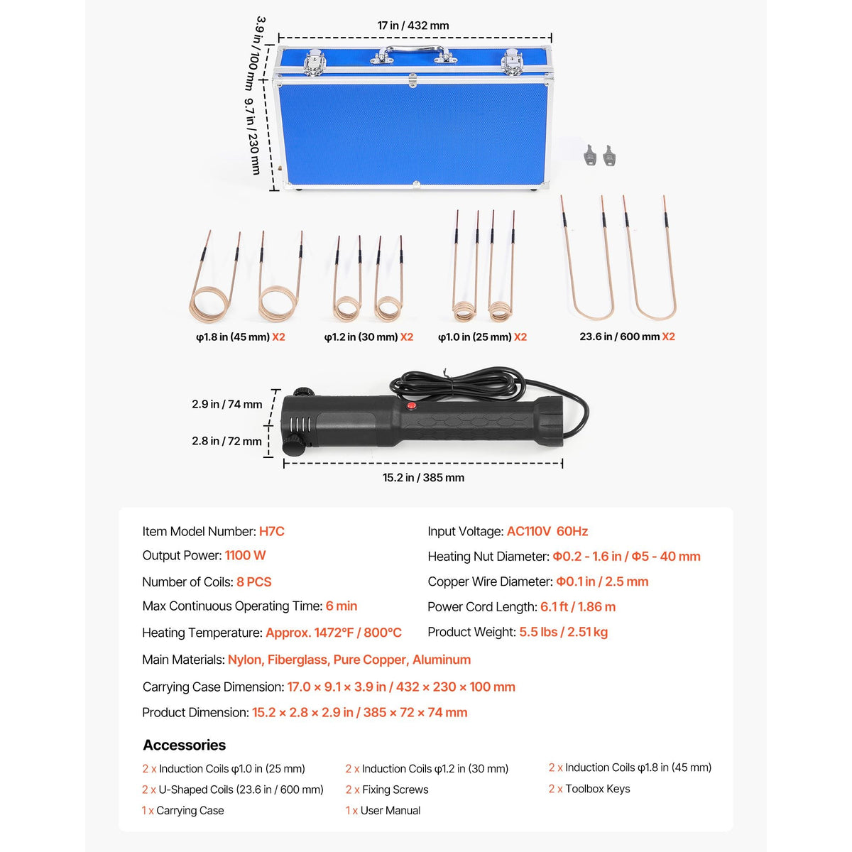 Induction Heater Bolt Removal, 1100W 110V Magnetic Induction Heater Kit, Handheld Nut Buster Tool, Mini Heating Machine for Rusty Screw Removing, Car Garage Repairing Tools with 8 Coil and Box