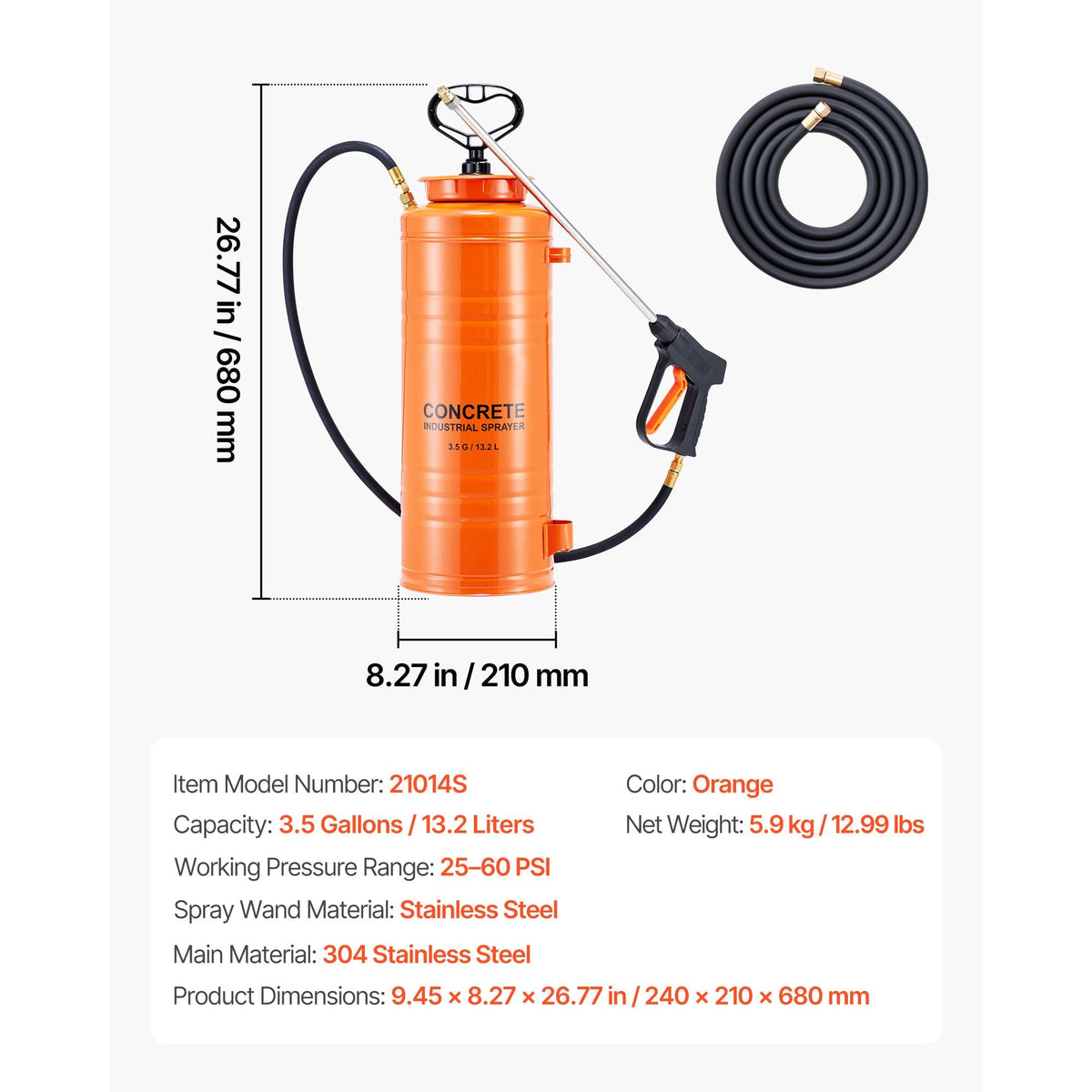 Industrial Concrete Sprayer, 3.5 Gallon Stainless Steel Sprayer, Heavy Duty Tri-Poxy Pump Sprayers, 20.5"Wand with Ergonomic Gun Handle, 48"& 120"Hose, 2 Brass Nozzles for Construction, Garden