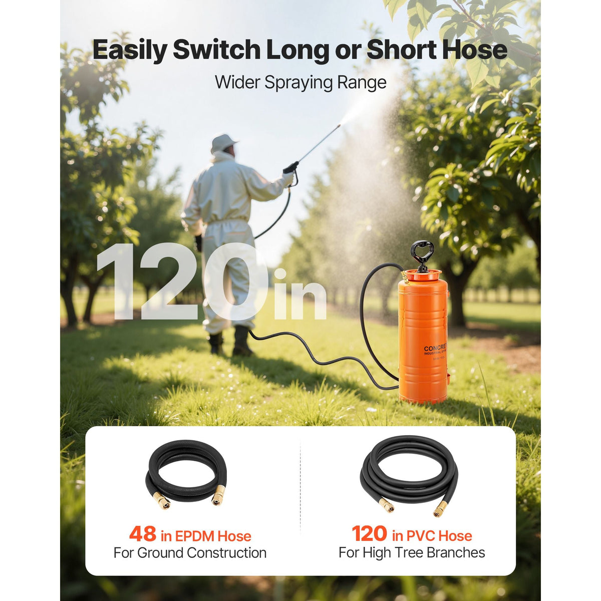 Industrial Concrete Sprayer, 3.5 Gallon Stainless Steel Sprayer, Heavy Duty Tri-Poxy Pump Sprayers, 20.5"Wand with Ergonomic Gun Handle, 48"& 120"Hose, 2 Brass Nozzles for Construction, Garden