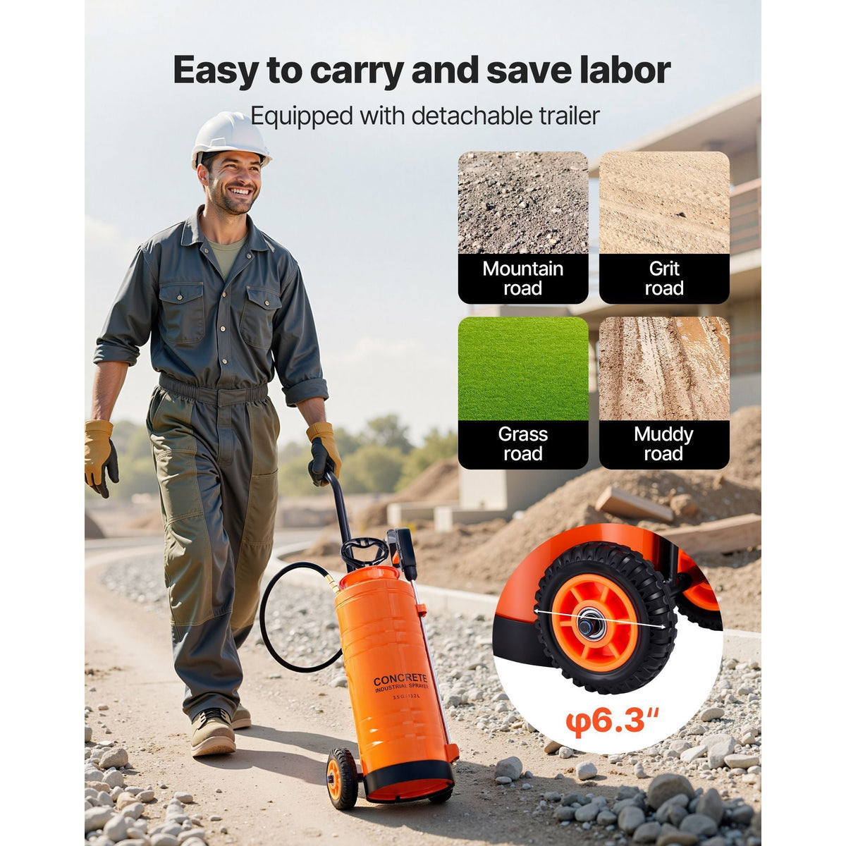 Industrial Concrete Sprayer with Wheeled Cart, 3.5 Gallon Stainless Steel Sprayer, Heavy Duty Tri-Poxy Pump Sprayers, 20.5"Wand, 48" & 120"Hoses, 2 Brass Nozzles for Construction, Lawn & Garden