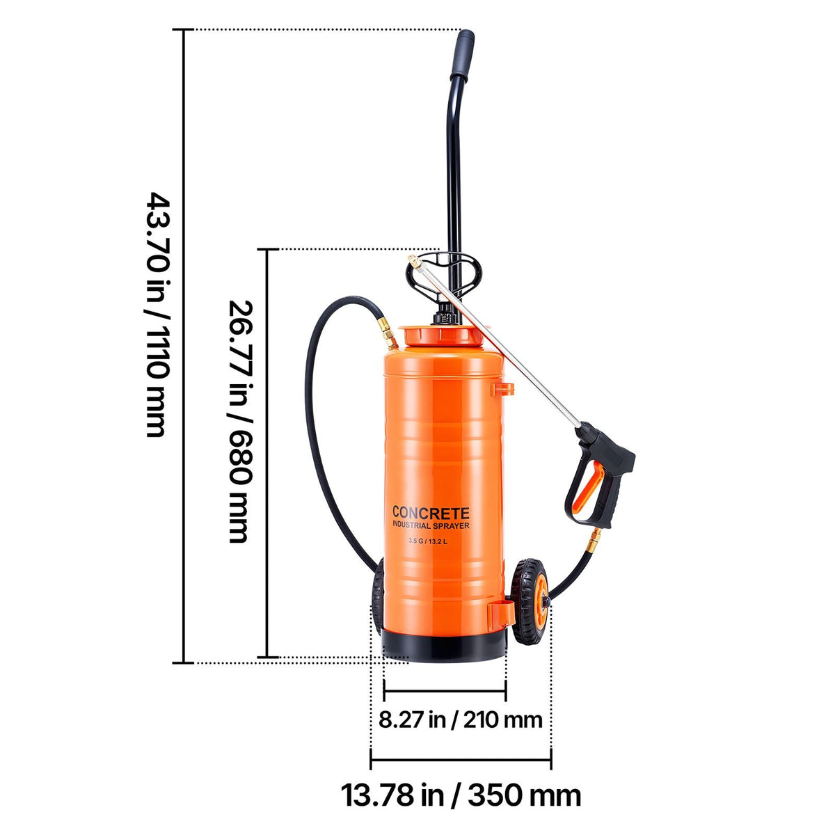 Industrial Concrete Sprayer with Wheeled Cart, 3.5 Gallon Stainless Steel Sprayer, Heavy Duty Tri-Poxy Pump Sprayers, 20.5"Wand, 48" & 120"Hoses, 2 Brass Nozzles for Construction, Lawn & Garden