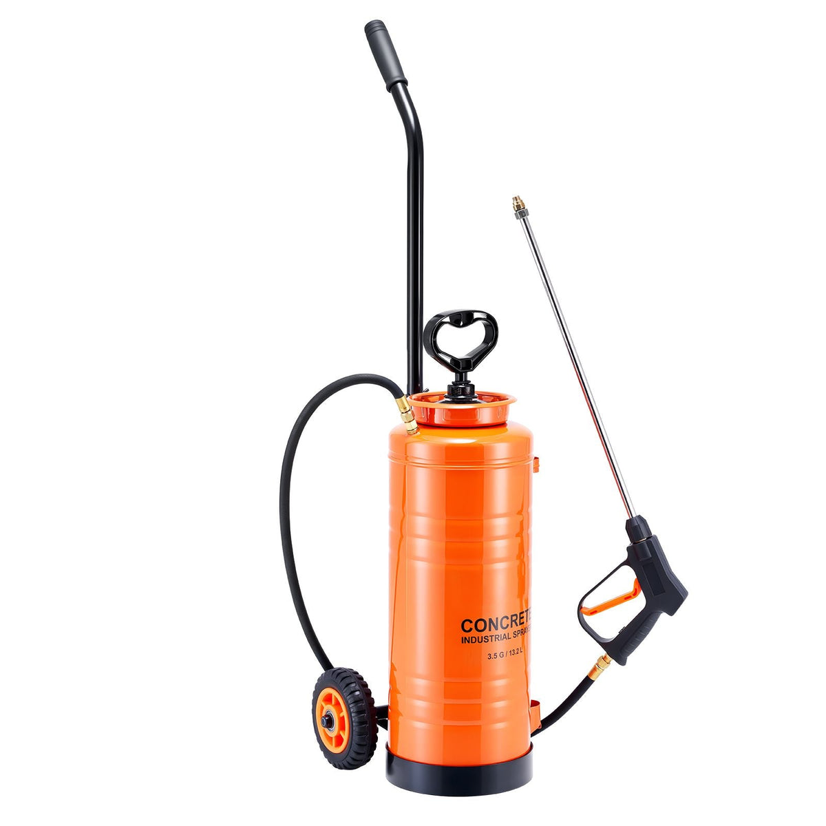 Industrial Concrete Sprayer with Wheeled Cart, 3.5 Gallon Stainless Steel Sprayer, Heavy Duty Tri-Poxy Pump Sprayers, 20.5"Wand, 48" & 120"Hoses, 2 Brass Nozzles for Construction, Lawn & Garden