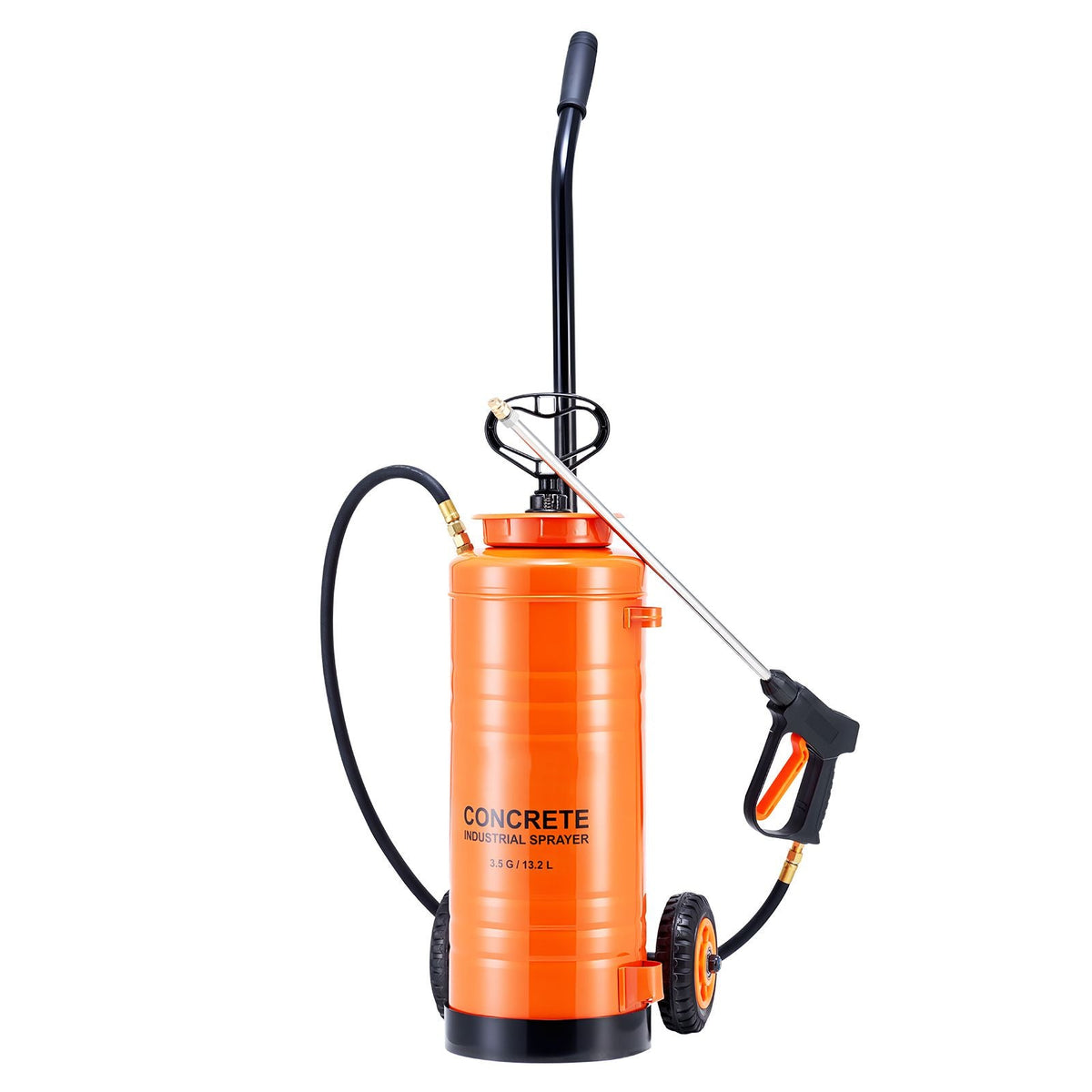 Industrial Concrete Sprayer with Wheeled Cart, 3.5 Gallon Stainless Steel Sprayer, Heavy Duty Tri-Poxy Pump Sprayers, 20.5"Wand, 48" & 120"Hoses, 2 Brass Nozzles for Construction, Lawn & Garden