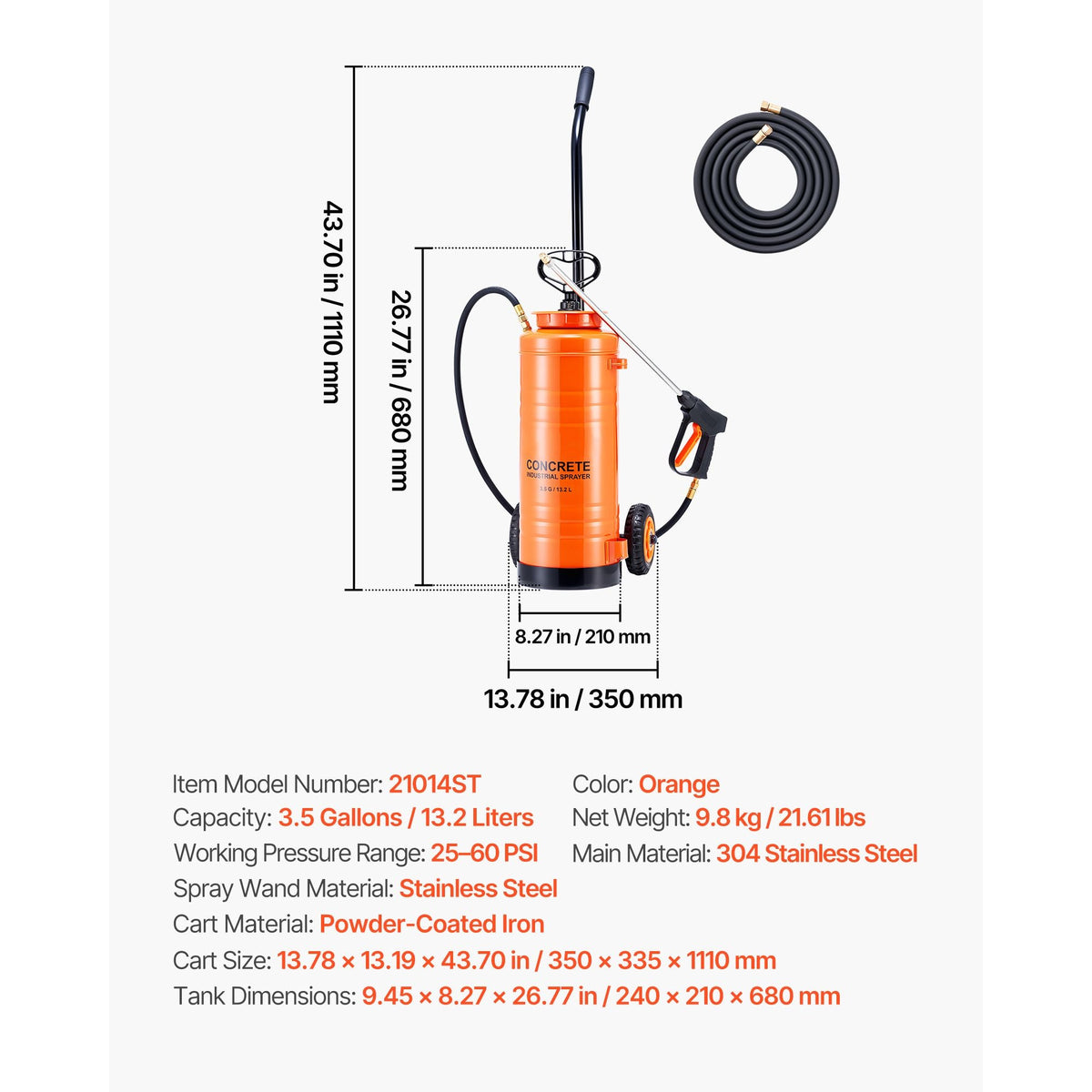 Industrial Concrete Sprayer with Wheeled Cart, 3.5 Gallon Stainless Steel Sprayer, Heavy Duty Tri-Poxy Pump Sprayers, 20.5"Wand, 48" & 120"Hoses, 2 Brass Nozzles for Construction, Lawn & Garden
