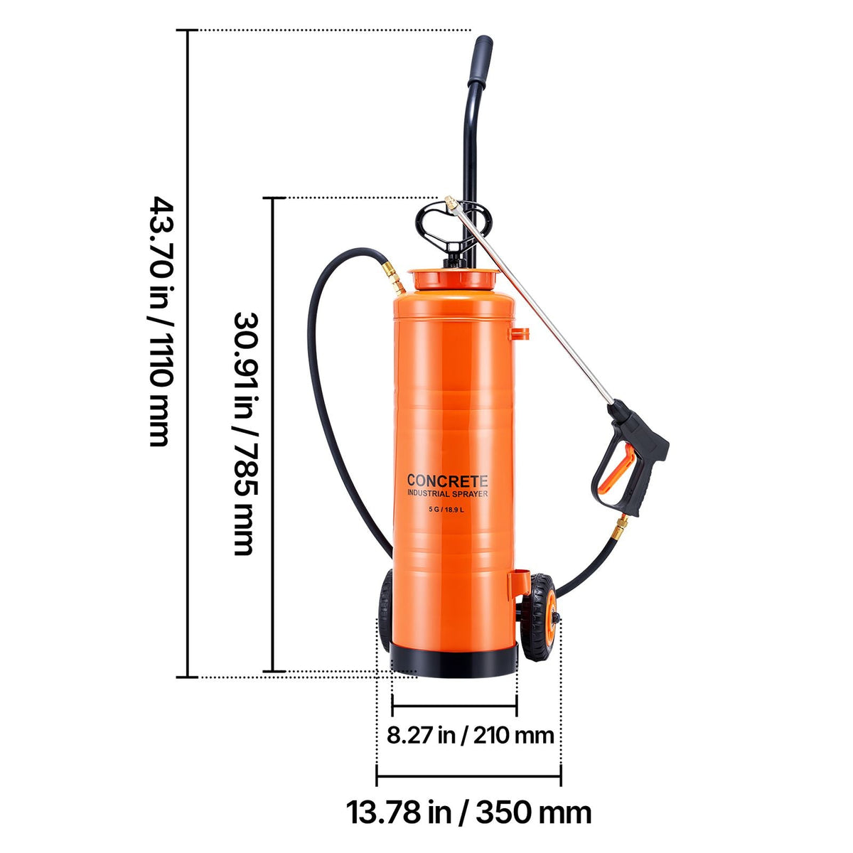 Industrial Concrete Sprayer with Wheeled Cart, 5 Gallon Stainless Steel Sprayer, Heavy Duty Tri-Poxy Pump Sprayers, 20.5''Wand, 48" & 120" Hoses, 2 Brass Nozzles for Construction, Lawn & Garden