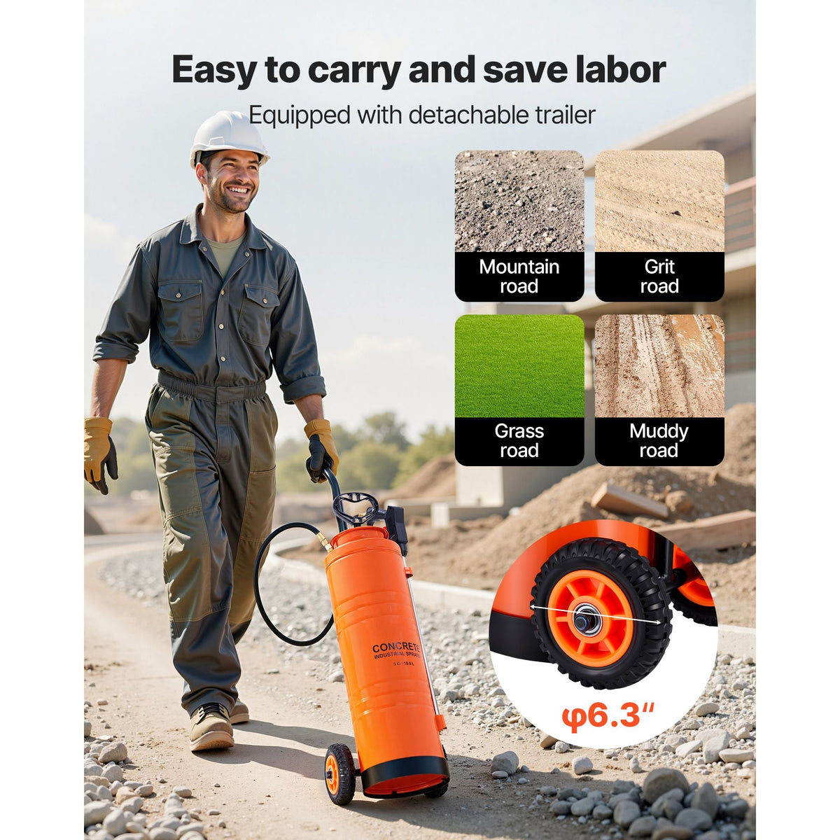 Industrial Concrete Sprayer with Wheeled Cart, 5 Gallon Stainless Steel Sprayer, Heavy Duty Tri-Poxy Pump Sprayers, 20.5''Wand, 48" & 120" Hoses, 2 Brass Nozzles for Construction, Lawn & Garden