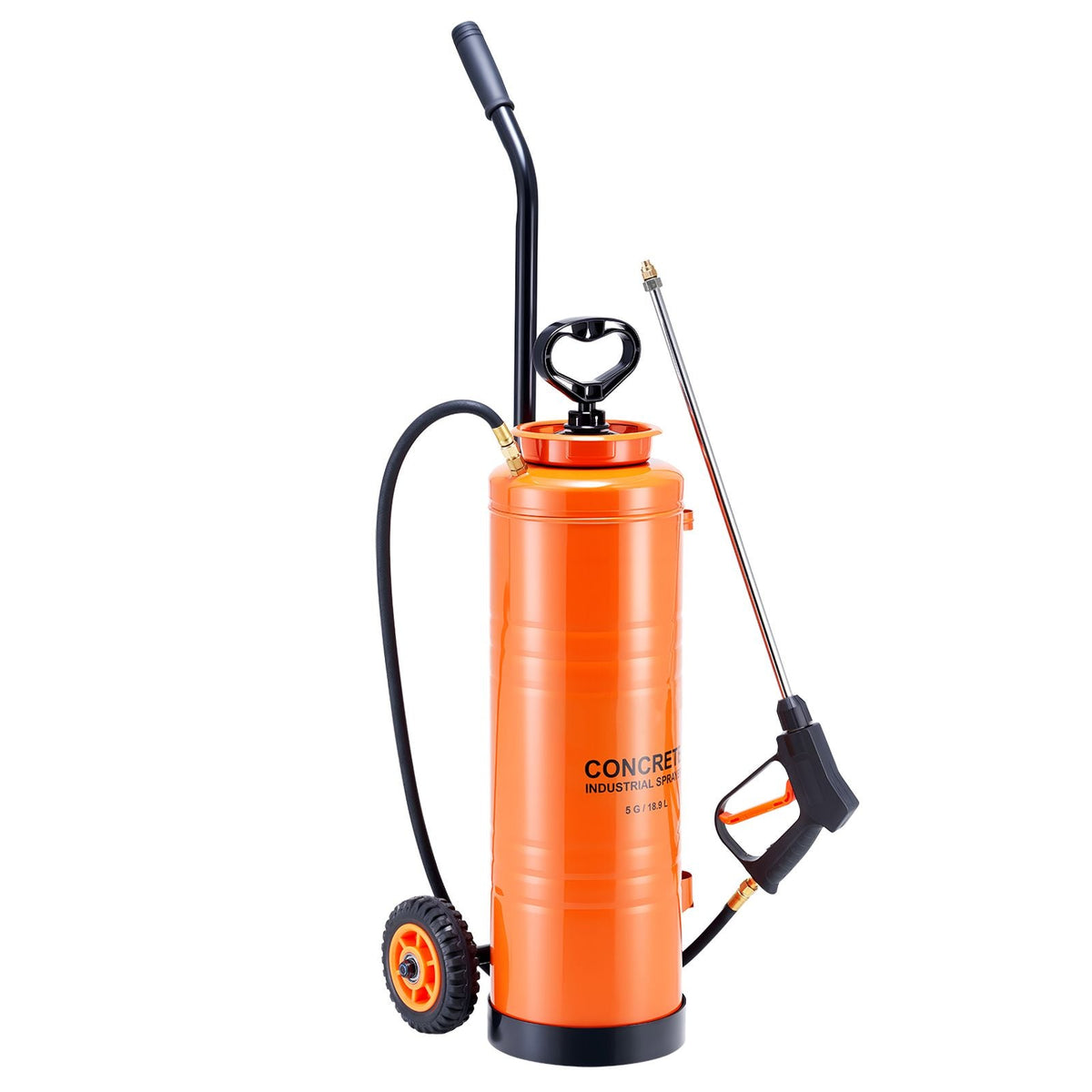 Industrial Concrete Sprayer with Wheeled Cart, 5 Gallon Stainless Steel Sprayer, Heavy Duty Tri-Poxy Pump Sprayers, 20.5''Wand, 48" & 120" Hoses, 2 Brass Nozzles for Construction, Lawn & Garden