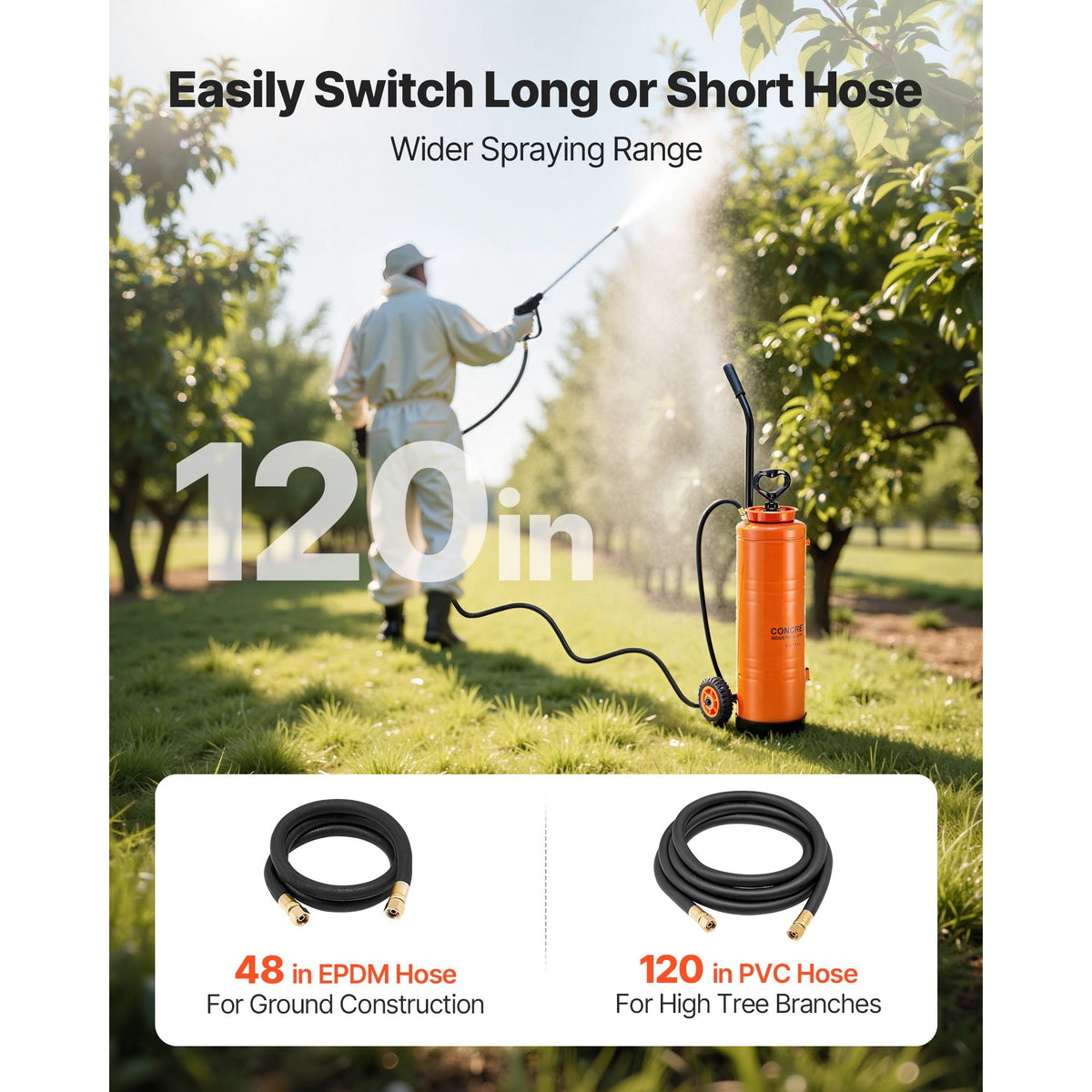 Industrial Concrete Sprayer with Wheeled Cart, 5 Gallon Stainless Steel Sprayer, Heavy Duty Tri-Poxy Pump Sprayers, 20.5''Wand, 48" & 120" Hoses, 2 Brass Nozzles for Construction, Lawn & Garden