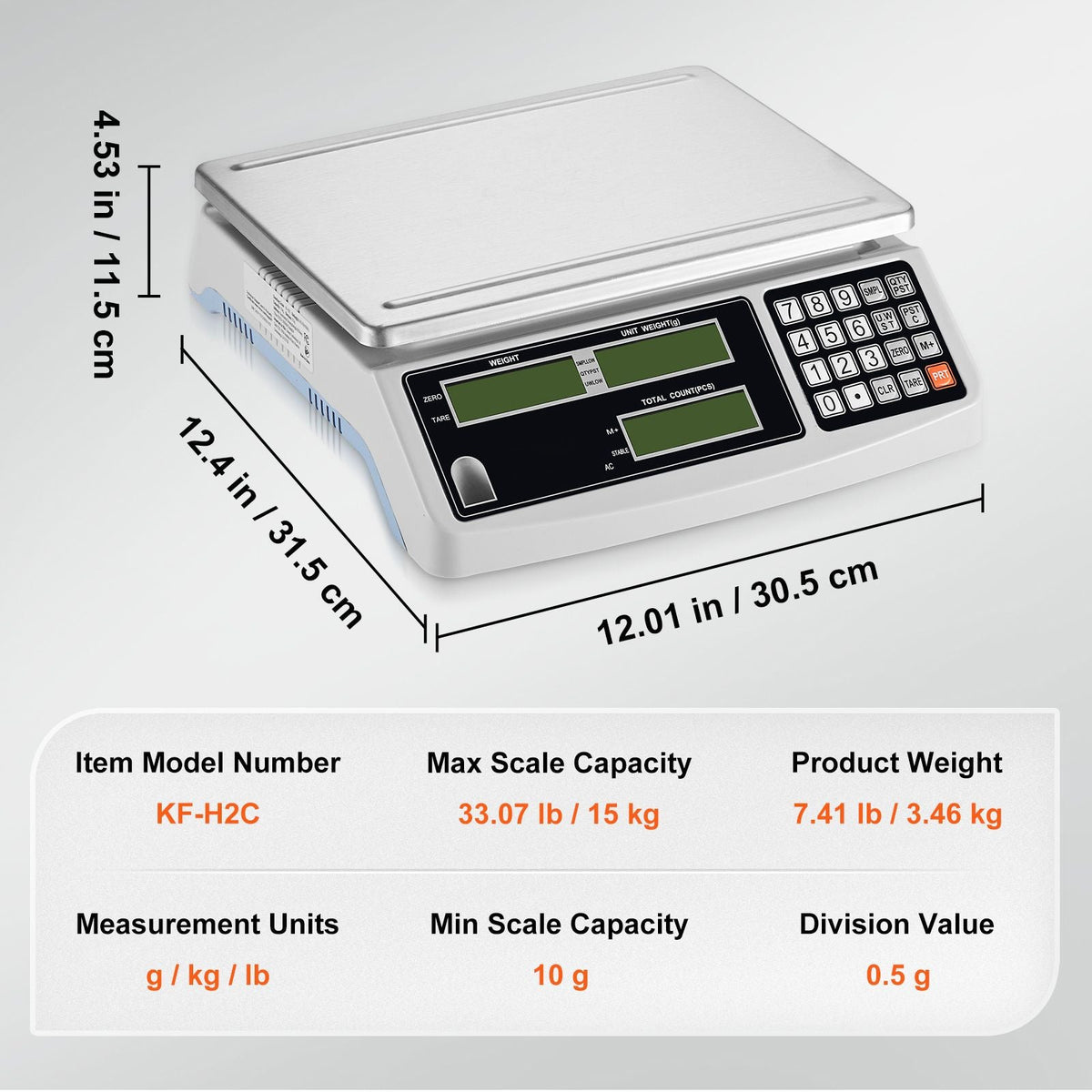 Industrial Counting Scale, 15 kg x 0.5 g, Digital Scale for Parts and Coins, g/kg/lb Units, Electronic Gram Scale Inventory Counting Scale Kitchen Jewelry Scale with RS232 Port and 3 LCD Screens