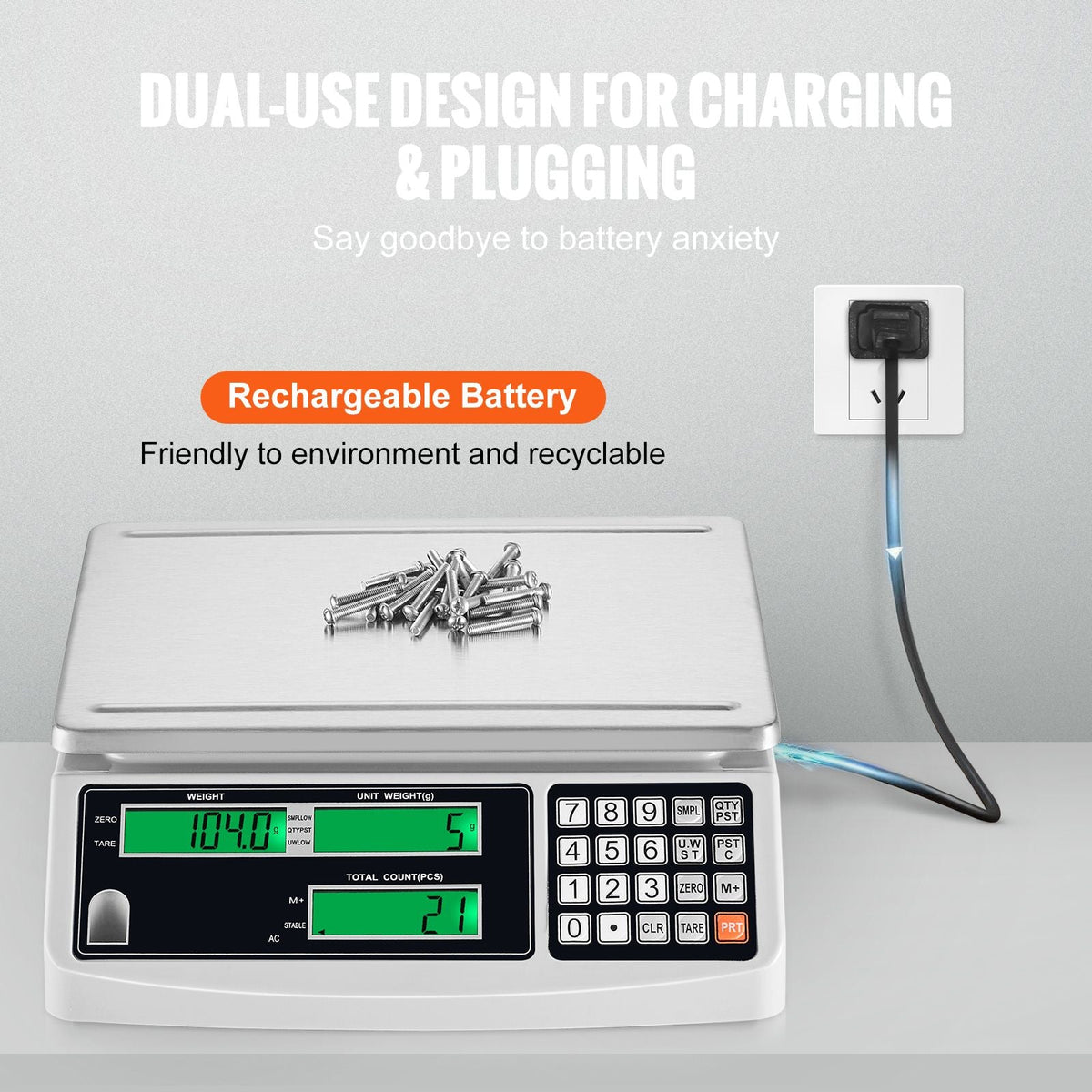 Industrial Counting Scale, 15 kg x 0.5 g, Digital Scale for Parts and Coins, g/kg/lb Units, Electronic Gram Scale Inventory Counting Scale Kitchen Jewelry Scale with RS232 Port and 3 LCD Screens