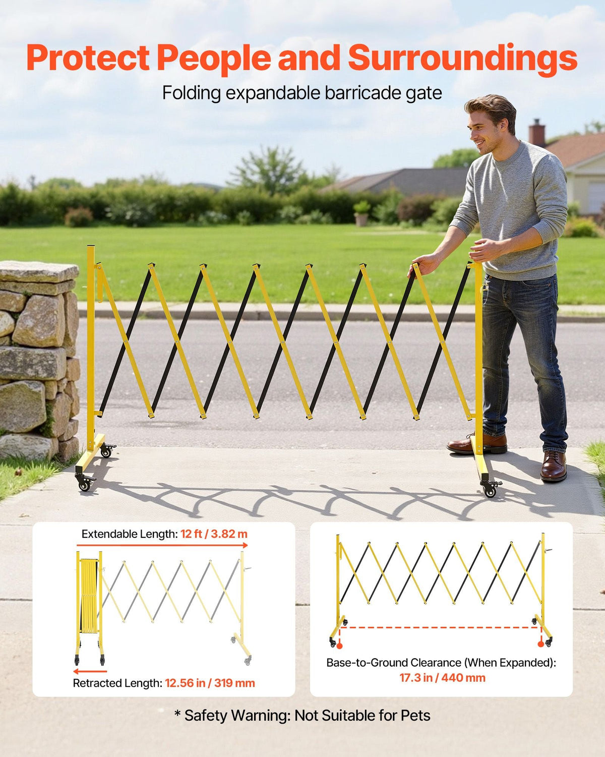 Industrial Expandable Barricade, 12FT Expandable Safety Barrier, Flaxible Mobile Barricade with Locking Casters, Portable Folding Security Gate Traffic Fence for Driveway Warehouse Elevator