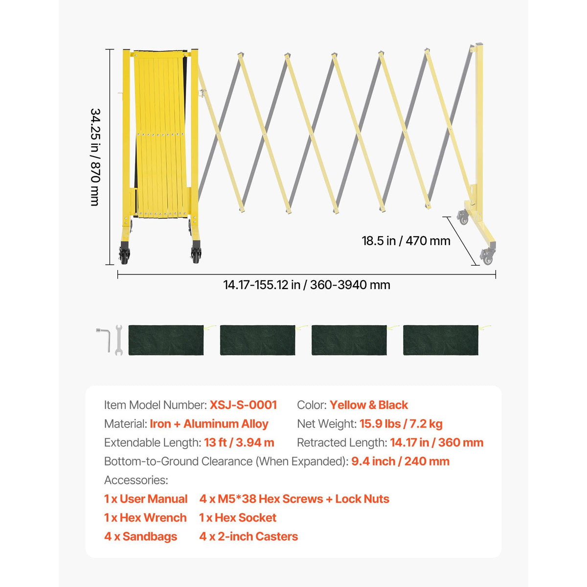 Industrial Expandable Barricade, 13FT Expandable Safety Barrier, Flaxible Mobile Barricade with Locking Casters, Portable Folding Security Gate Traffic Fence for Driveway Warehouse Elevator