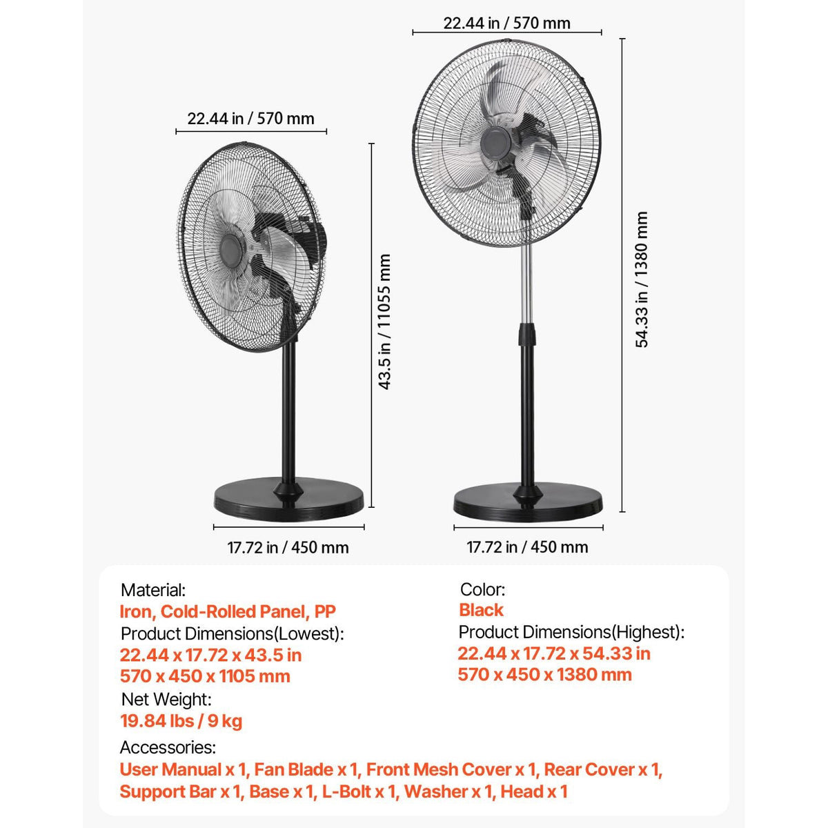 Industrial Pedestal Fan, 20 Inch 90-Degree Oscillating Fan, Height Adjustable Standing Fans with 3 Adjustable Speeds, High Power Fans for Warehouse,Garage,Commercial, Black