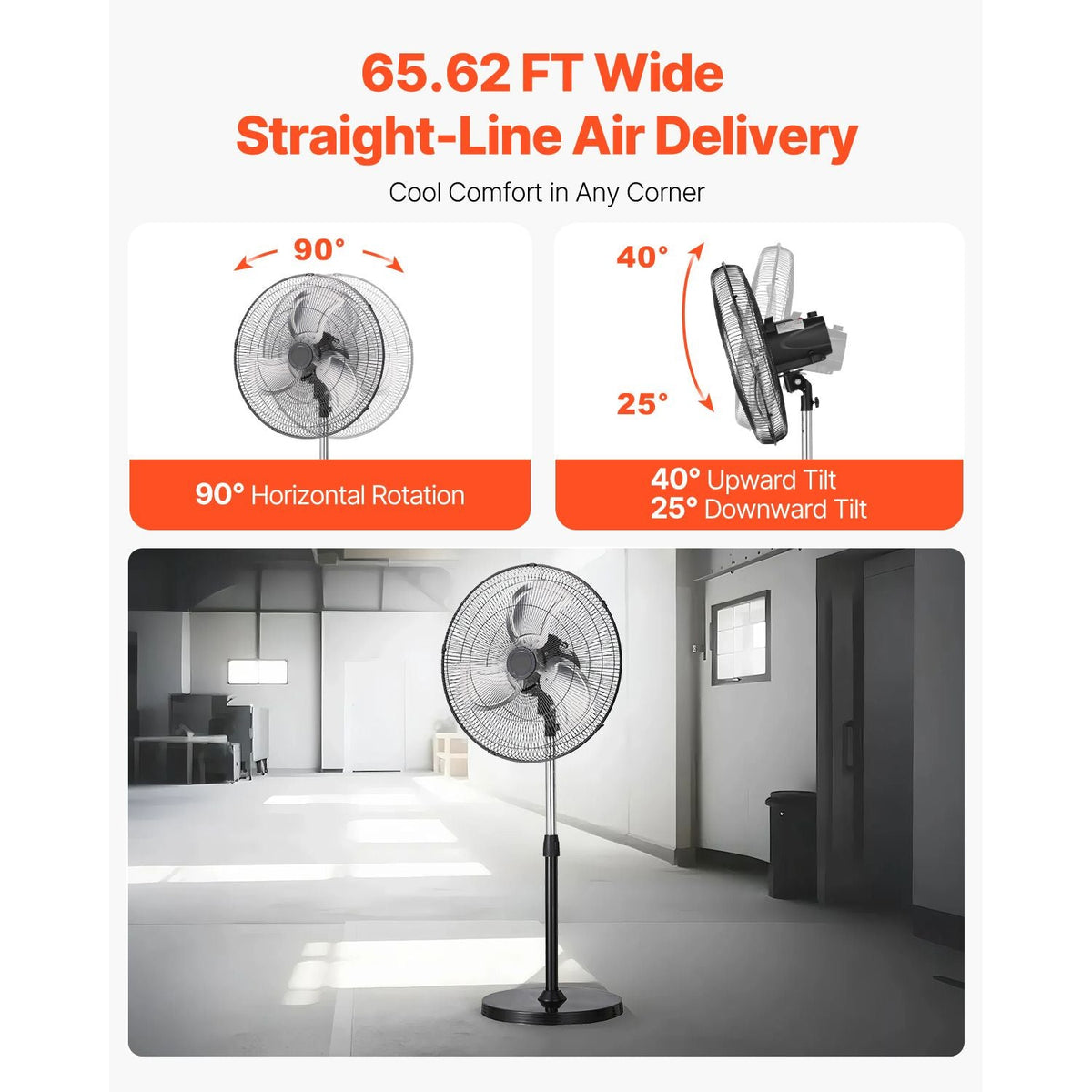 Industrial Pedestal Fan, 20 Inch 90-Degree Oscillating Fan, Height Adjustable Standing Fans with 3 Adjustable Speeds, High Power Fans for Warehouse,Garage,Commercial, Black