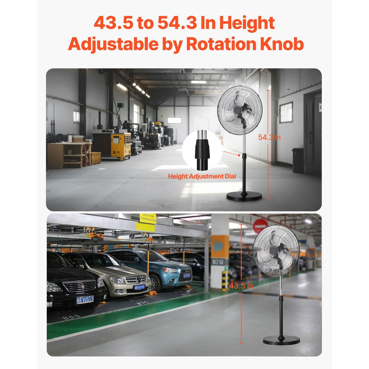Industrial Pedestal Fan, 20 Inch 90-Degree Oscillating Fan, Height Adjustable Standing Fans with 3 Adjustable Speeds, High Power Fans for Warehouse,Garage,Commercial, Black