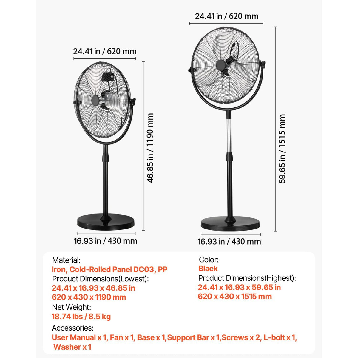 Industrial Pedestal Fan, 20 Inch Standing Fan with 46.9 to 59.6 Inches Adjustable Height, Floor Fans with 3 Adjustable Speeds, High Power Fans for Warehouse,Garage,Commercial,Residential, Black