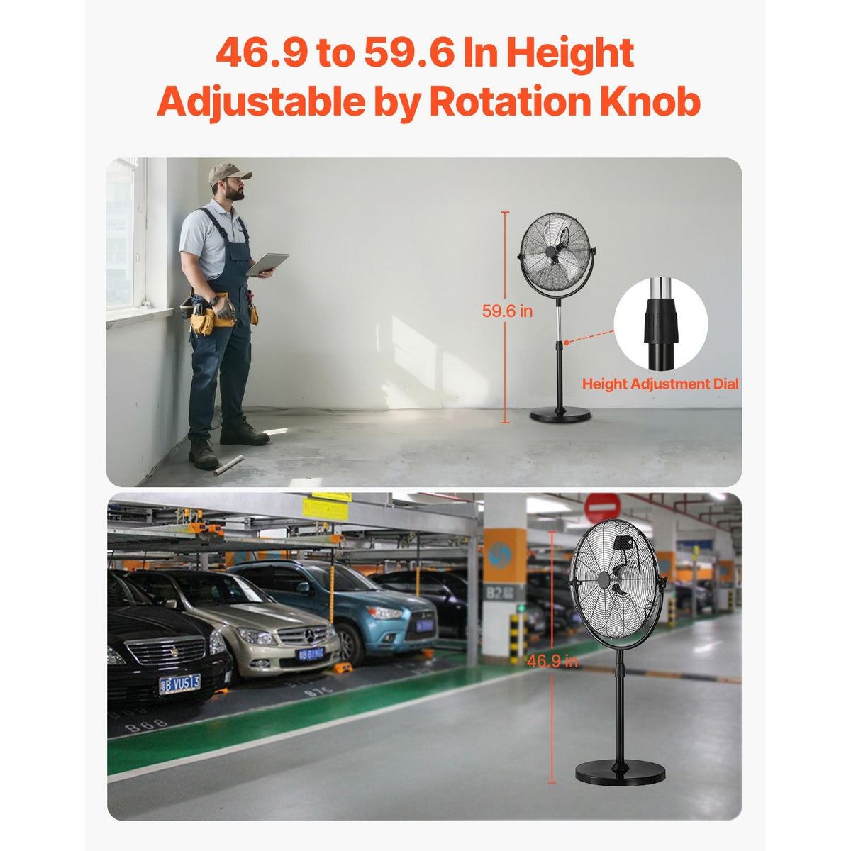 Industrial Pedestal Fan, 20 Inch Standing Fan with 46.9 to 59.6 Inches Adjustable Height, Floor Fans with 3 Adjustable Speeds, High Power Fans for Warehouse,Garage,Commercial,Residential, Black