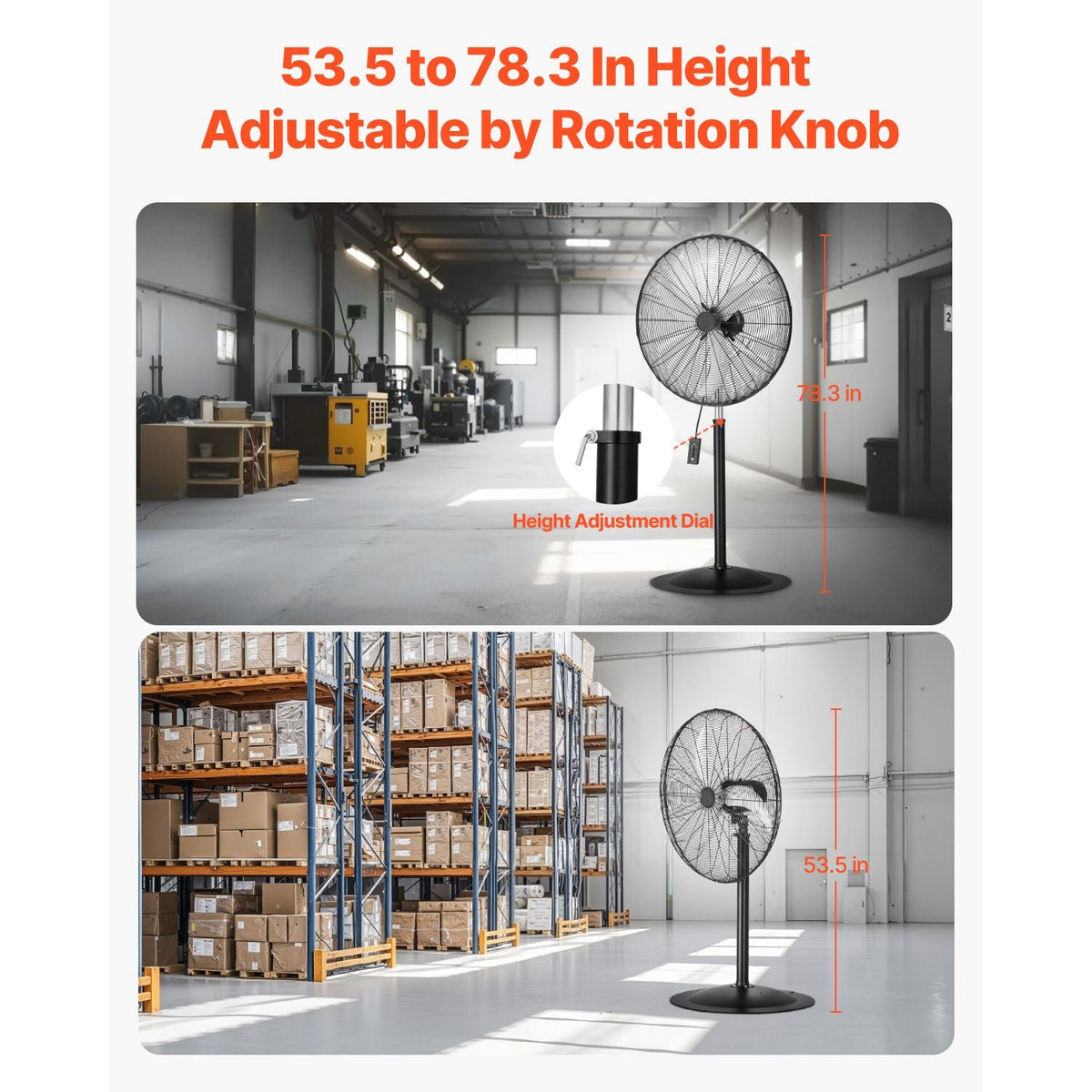 Industrial Pedestal Fan, 30 Inch 85-Degree Oscillating Fan, Height Adjustable Standing Fans with 3 Adjustable Speeds, High Power Fans for Warehouse,Garage,Commercial, Black