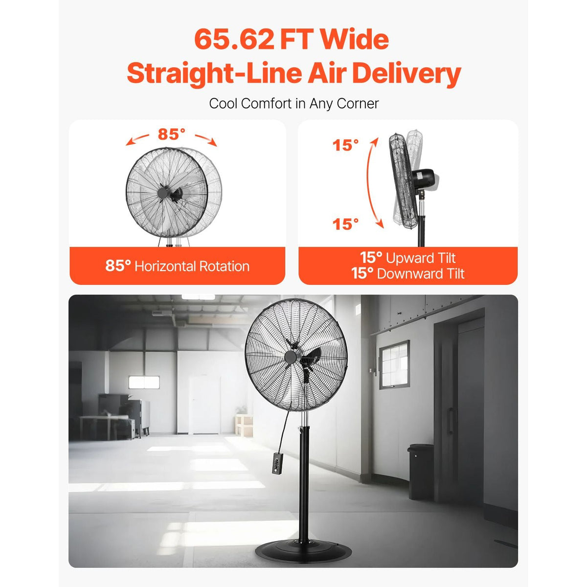 Industrial Pedestal Fan, 30 Inch 85-Degree Oscillating Fan, Height Adjustable Standing Fans with 3 Adjustable Speeds, High Power Fans for Warehouse,Garage,Commercial, Black