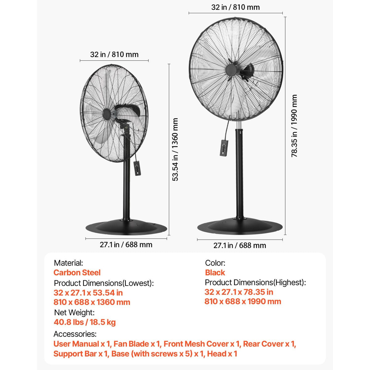 Industrial Pedestal Fan, 30 Inch 85-Degree Oscillating Fan, Height Adjustable Standing Fans with 3 Adjustable Speeds, High Power Fans for Warehouse,Garage,Commercial, Black