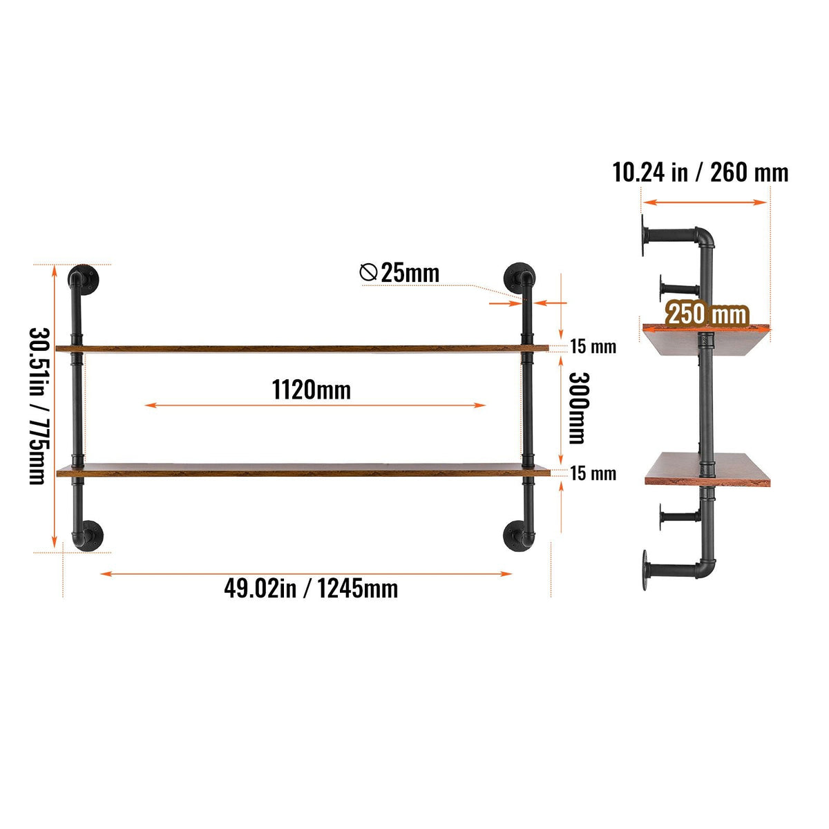 Industrial Pipe Shelf, 2 Tier 48x 9.84in, Wall-Mount Floating Rustic Wood Shelves Bracket Display Bookshelf, Storage Rack Sundries Holder for Kitchen Bedroom Bathroom Living Room, Black