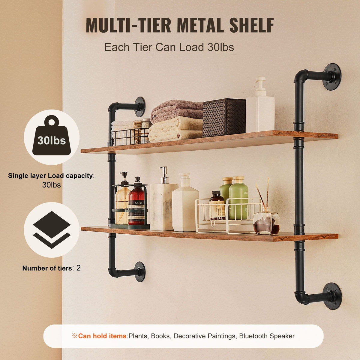 Industrial Pipe Shelf, 2 Tier 48x 9.84in, Wall-Mount Floating Rustic Wood Shelves Bracket Display Bookshelf, Storage Rack Sundries Holder for Kitchen Bedroom Bathroom Living Room, Black