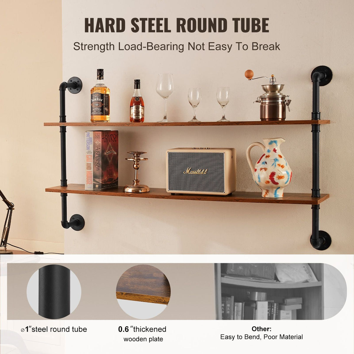 Industrial Pipe Shelf, 2 Tier 48x 9.84in, Wall-Mount Floating Rustic Wood Shelves Bracket Display Bookshelf, Storage Rack Sundries Holder for Kitchen Bedroom Bathroom Living Room, Black