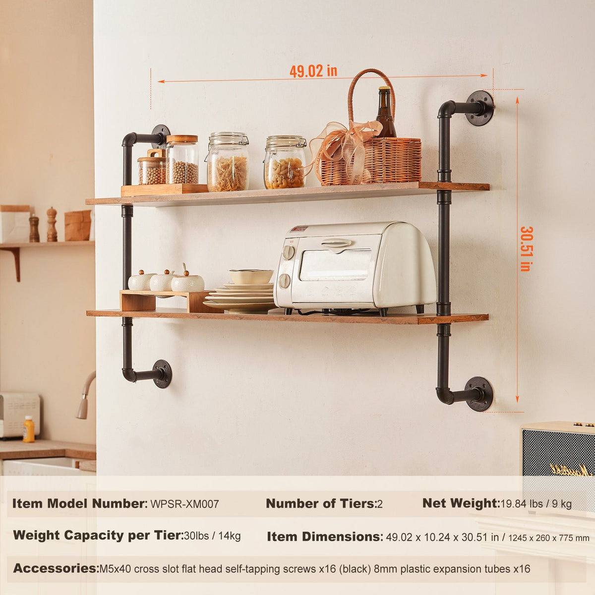 Industrial Pipe Shelf, 2 Tier 48x 9.84in, Wall-Mount Floating Rustic Wood Shelves Bracket Display Bookshelf, Storage Rack Sundries Holder for Kitchen Bedroom Bathroom Living Room, Black