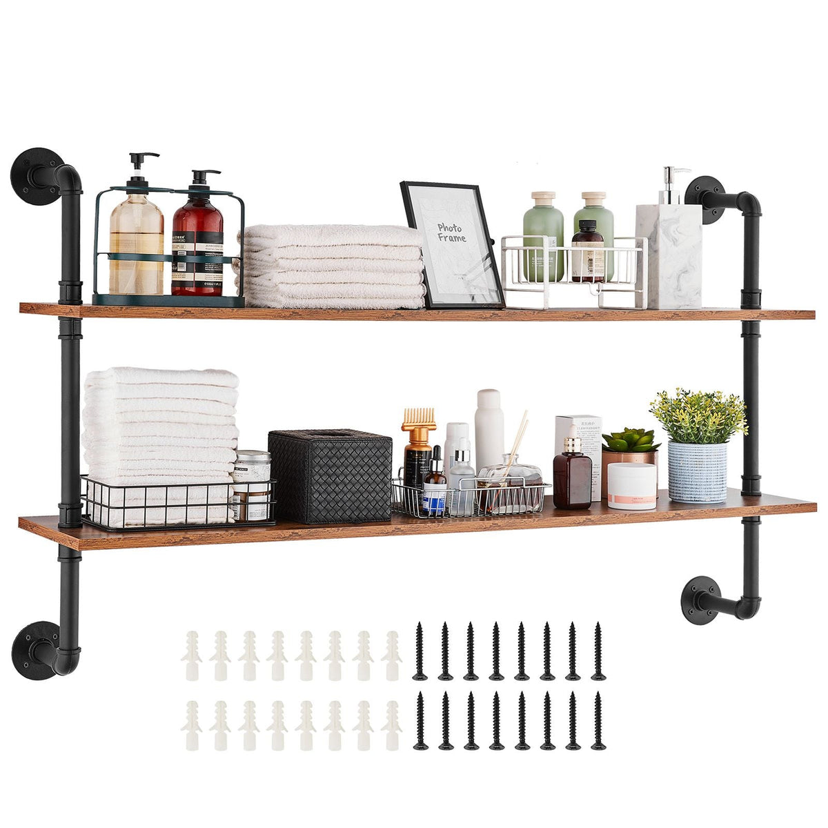 Industrial Pipe Shelf, 2 Tier 48x 9.84in, Wall-Mount Floating Rustic Wood Shelves Bracket Display Bookshelf, Storage Rack Sundries Holder for Kitchen Bedroom Bathroom Living Room, Black