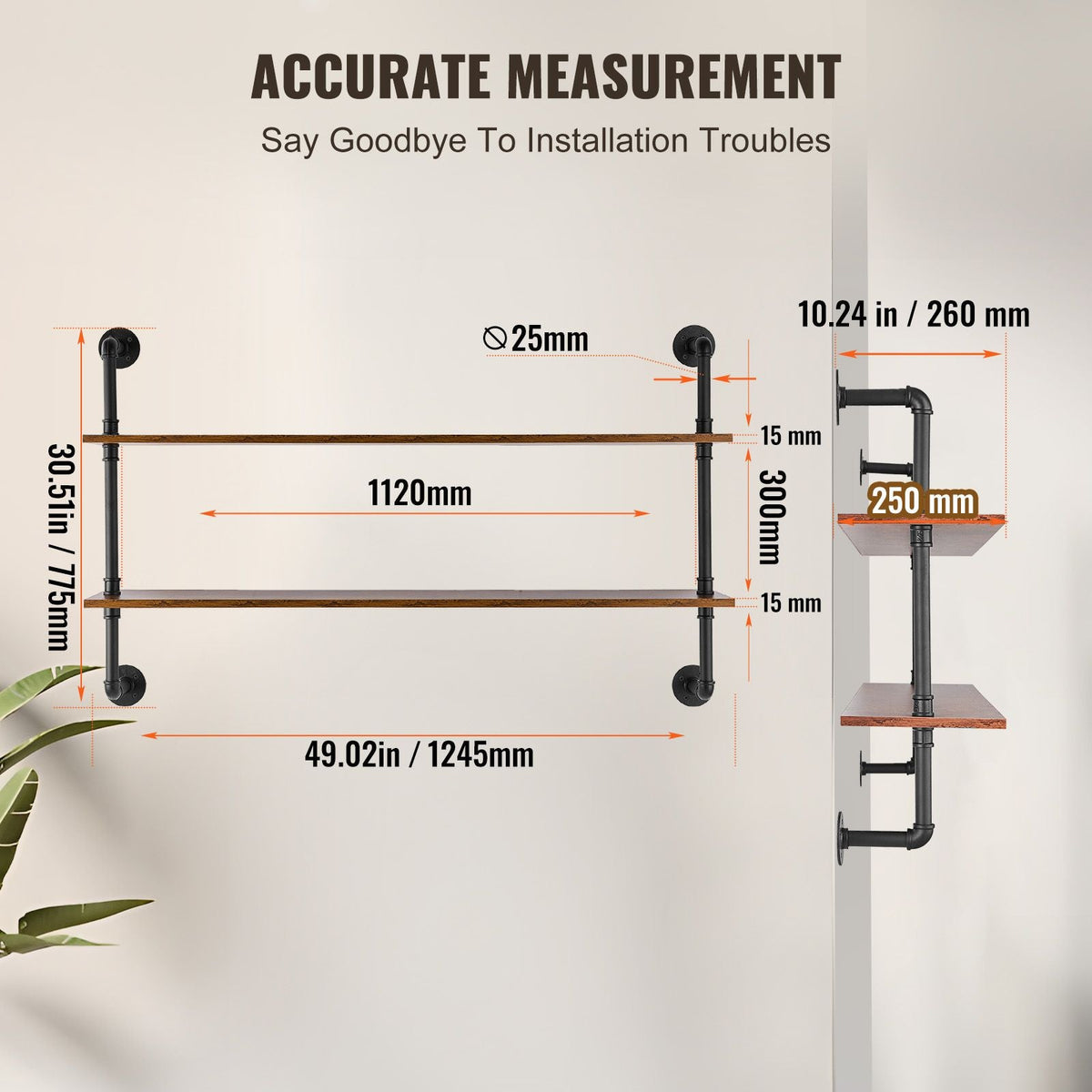 Industrial Pipe Shelf, 2 Tier 48x 9.84in, Wall-Mount Floating Rustic Wood Shelves Bracket Display Bookshelf, Storage Rack Sundries Holder for Kitchen Bedroom Bathroom Living Room, Black
