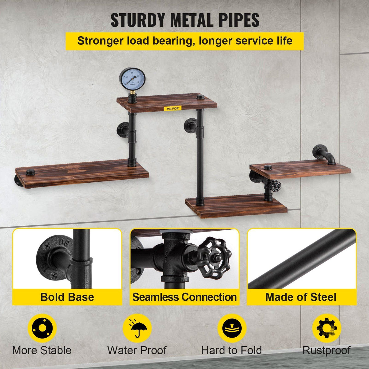 Industrial Pipe Shelving, Pipe Shelves with 4-Tier Wood Planks, Rustic Floating Shelves Wall Mounted, Wall Shelf DIY Bookshelf for Bar Kitchen Bathroom Farmhouse Living Room, 51x25x9 inch