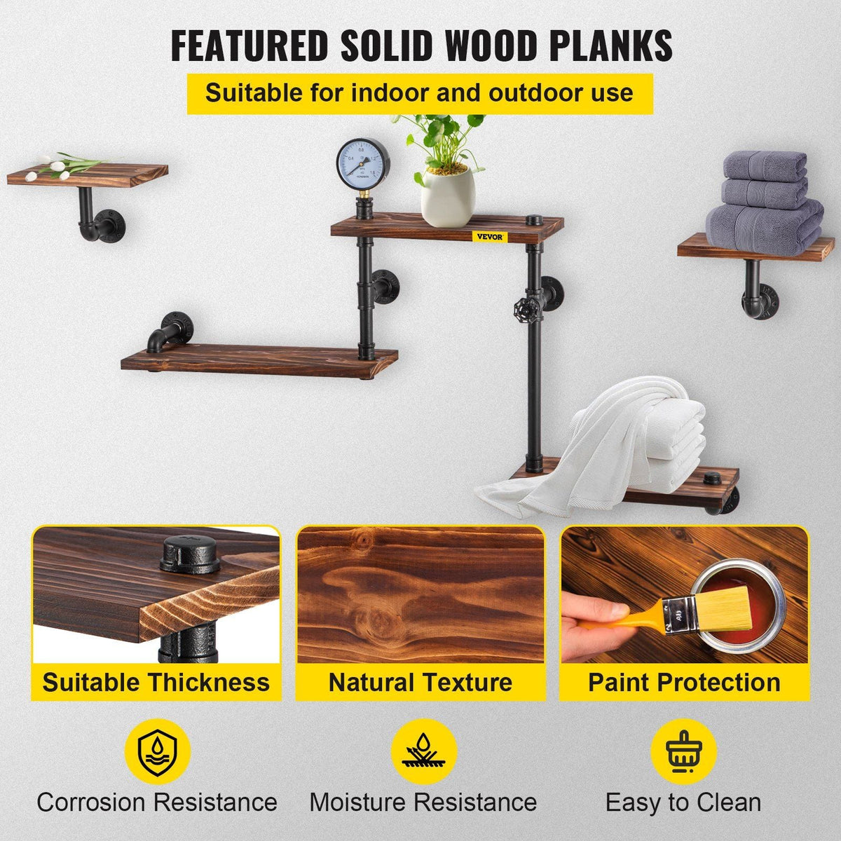 Industrial Pipe Shelving, Pipe Shelves with 5-Tier Wood Planks, Rustic Floating Shelves Wall Mounted, Wall Shelf DIY Bookshelf for Bar Kitchen Bathroom Farmhouse Living Room, 47x28x9 inch